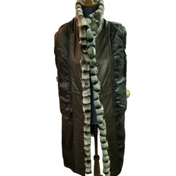 NWT Fur Trimmed Tibor Black Leather Chinchilla Rex Rabbit Trim Convertible Coat❣ - Picture 12 of 16